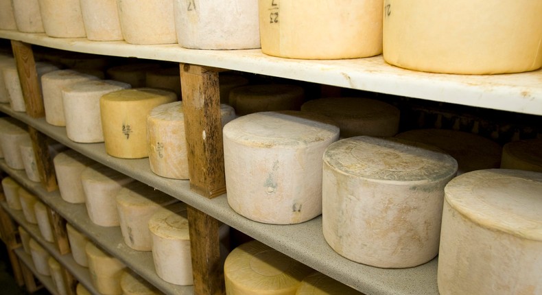 Rows of Mrs Kirkham's cheeses maturing in a store room at Beesley Farm at Goosnargh in Lancashire, northwest England.Colin McPherson/Getty Images