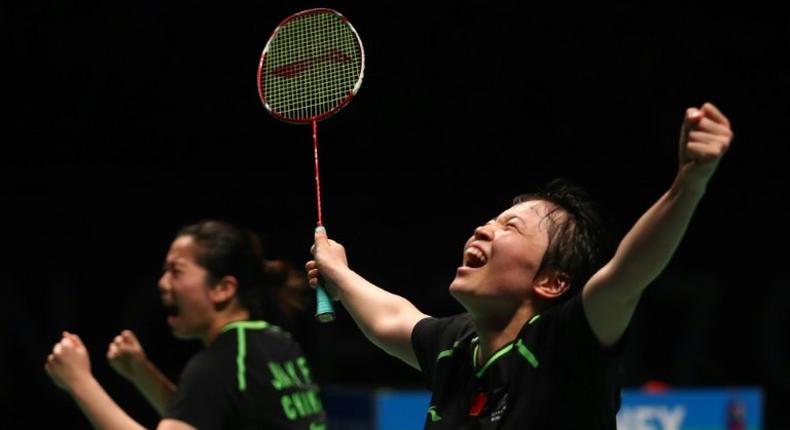 Chen Qingchen (R) and Jia Yifan (L) of China celebrate their victory in the doubles Sudirman Cup against Japan on May 27, 2017