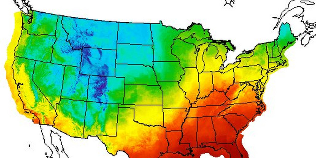 Weather for December 16, 2015, showing a warmer-than-average East Coast.