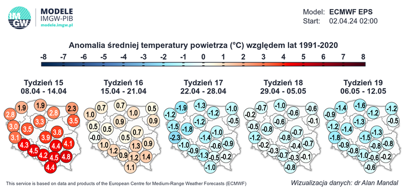 Anomalie temperatury w kolejnych tygodniach będą szybko spadać