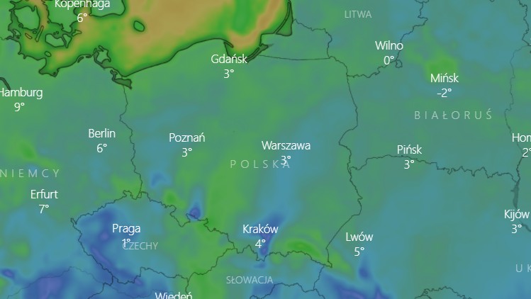 Prognozowany wiatr na poniedziałek, 14 lutego