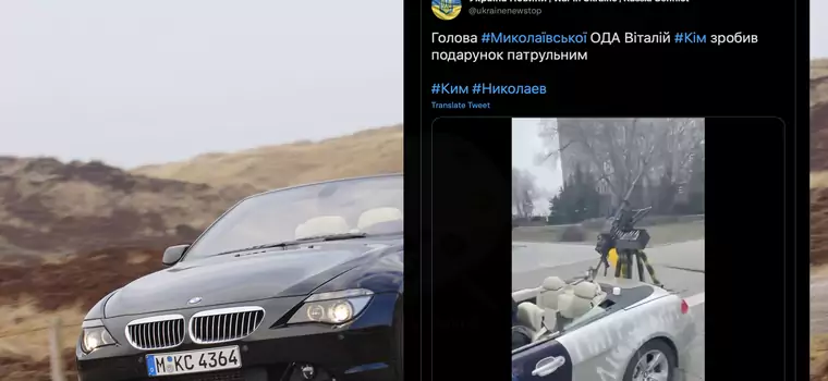 Kabriolet BMW ma z tyłu karabin maszynowy i broni Ukrainy