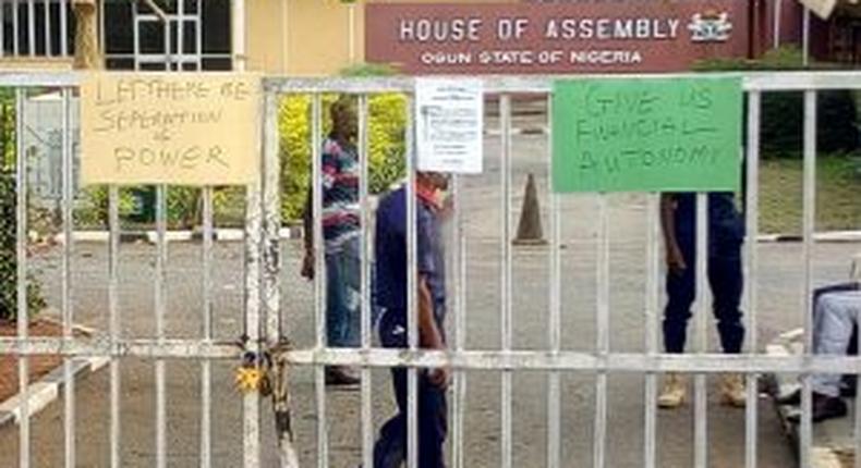 The entrance of Ogun House of Assembly Complex shut by PASAN on Tuesday in Abeokuta. [NAN]