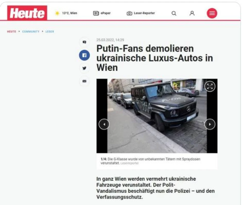 Rusofili i fanovi Putina ižvrljali džip ukrajinskih tablica u Beču 