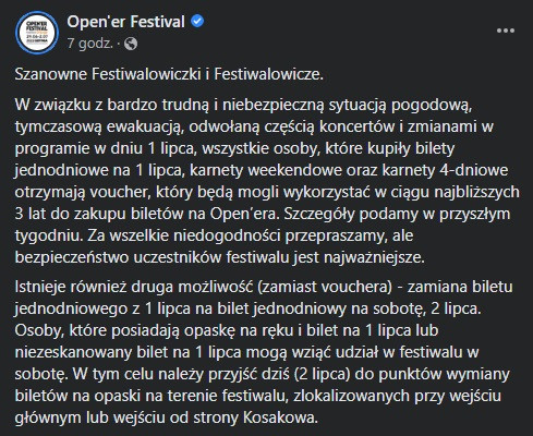 Oświadczenie organizatorów Open'er Festival 2022