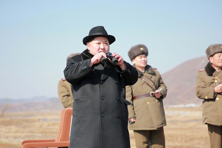 North Korean leader Kim Jong Un inspects a flight drill of fighter pilots from the Korean People's Army's (KPA) Air and Anti-Air Force, in this undated photo released by North Korea's Korean Central News Agency (KCNA) in Pyongyang on February 21, 2016.