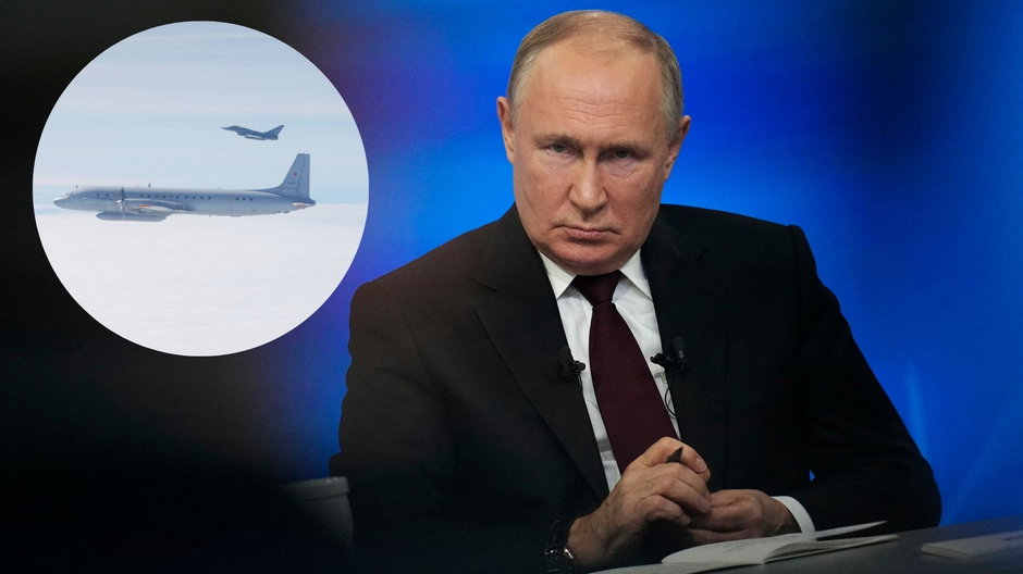 Prezydent Rosji Władimir Putin na konferencji prasowej w Moskwie, 14 grudnia 2023 r.; Niemieckie myśliwce Eurofighter przechwytują rosyjski samolot nad Morzem Bałtyckim (źródło: twitter.com/Team_Luftwaffe) (zdjęcie ilustracyjne)