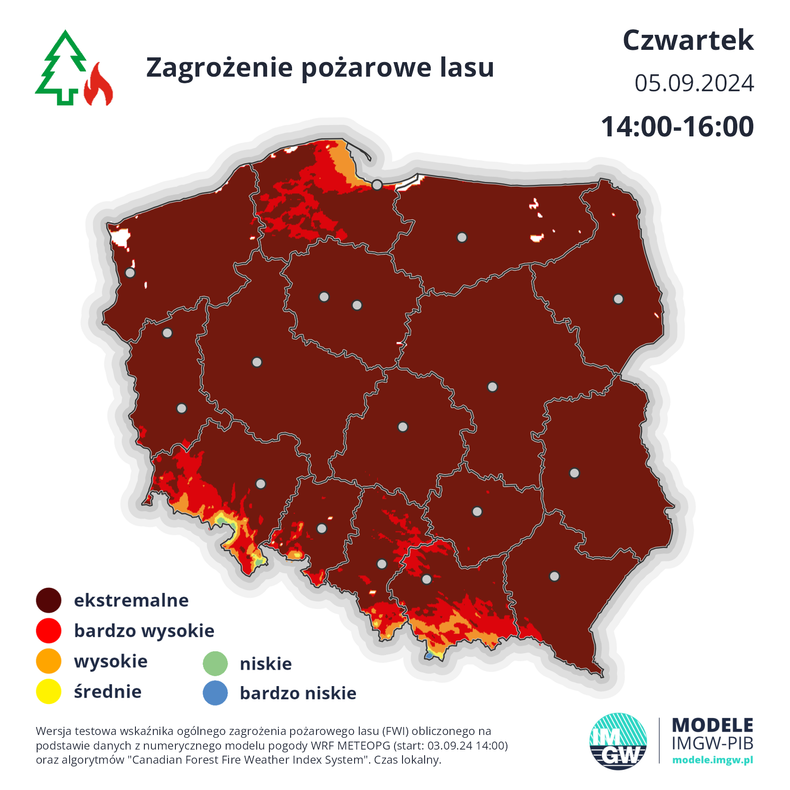 Na czwartek w całym kraju przewidywane jest ekstremalne zagrożenie pożarowe w lasach