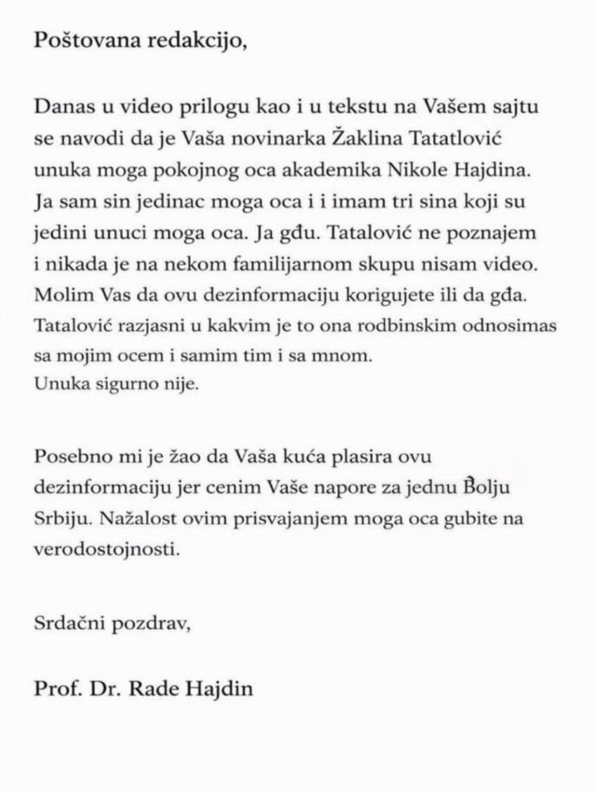 Navodno pismo sina Nikole Hajdina