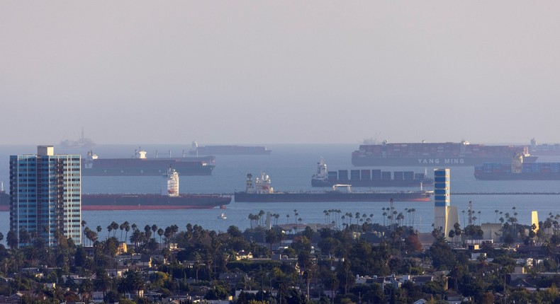 Container ships wait off the coast of the congested ports of Los Angeles and Long Beach, in Long Beach, California, U.S., September 29, 2021.
