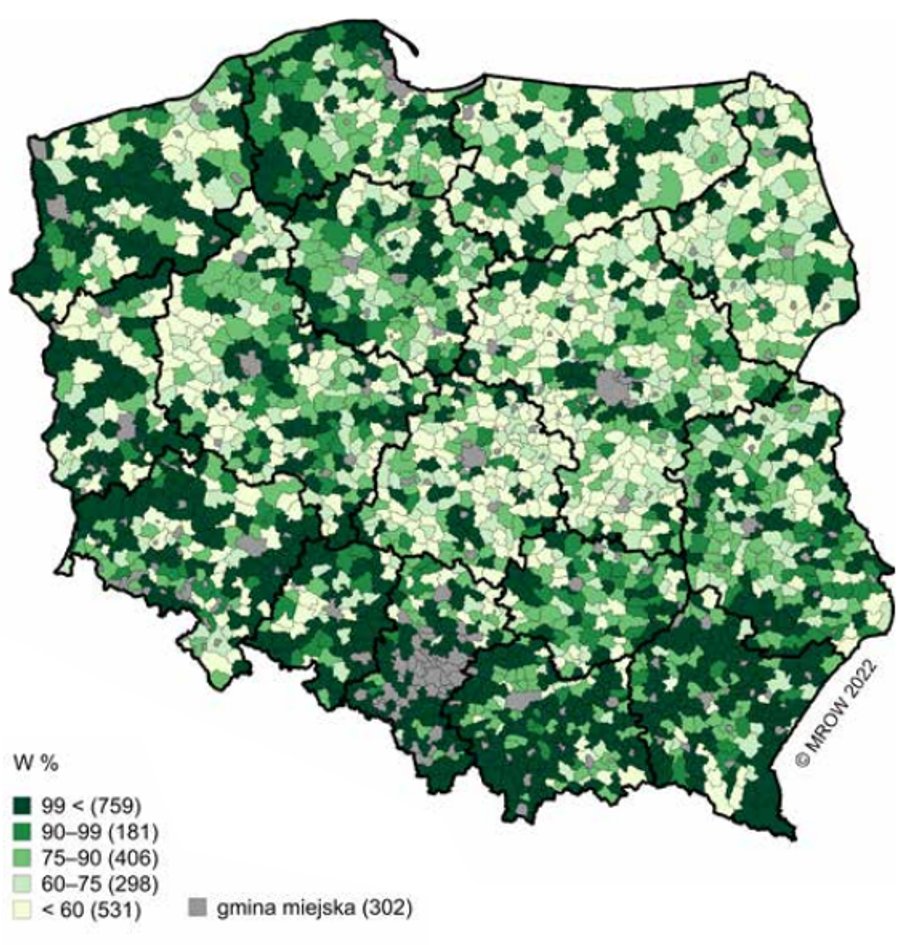 Odsetek sołectw w gminie skomunikowanych transportem publicznym (przystanek autobusowy lub kolejowy).