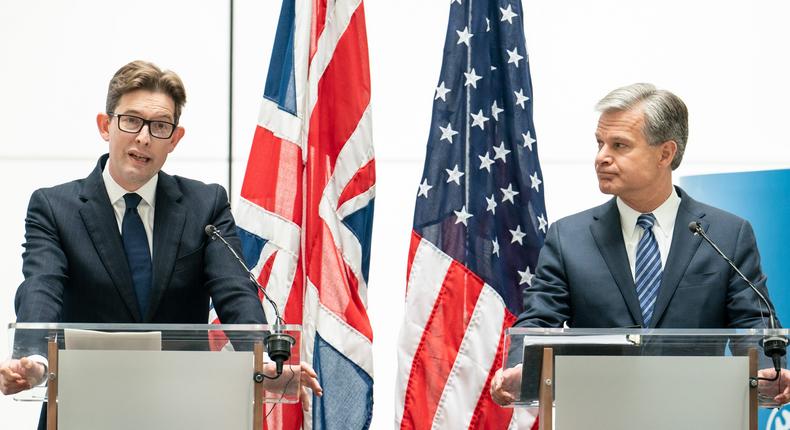 MI5 boss Ken McCallum, left, and FBI Director Chris Wray, right, spoke at Thames House on Wednesday