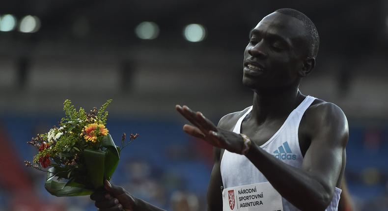 Emmanuel Wanyonyi celebrates after winning the men's 800m race during Golden Spike, an international athletic meet of Continental Tour - Gold category in Ostrava, Czech Republic in May 31, 2022.