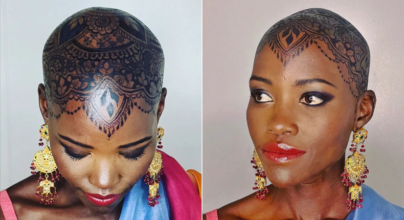Lupita Nyong'o adorns intricate henna design on her bald head