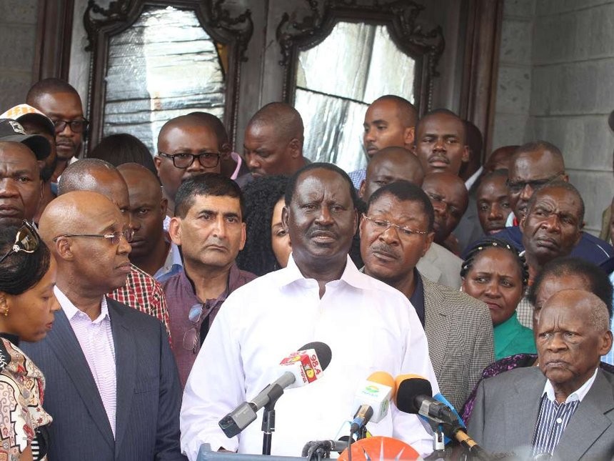 NASA leader Raila Odinga addressing the press after police raided Jimi Wanjigi’s house