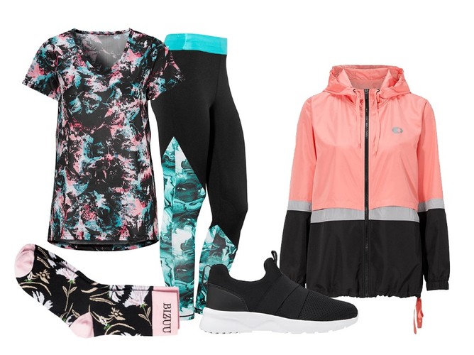 Prezenty dla kobiety sportsmenki: Kurtka sportowa, Cellbes.pl, 189 zł; Legginsy elastyczne, Cellbes.pl, 139 zł, Bluzka V-neck, Cellbes.pl, 115 zł; Skarpetki, Bizuu, 45 zł