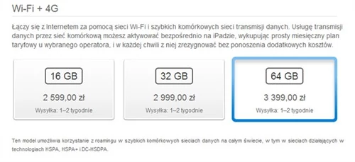 Reklama dźwignią handlu, ale producenci (w tym Apple) nadużywają terminu 4G. Tablet oferuje 4G LTE wyłącznie dla sieci komórkowych w USA i Kanadzie. W Europie możecie liczyć jedynie na DC-HSDPA, czyli tzw. tryb dual carrier pozwalający w idealnych warunkach na transmisję danych z prędkością do 42 Mbps