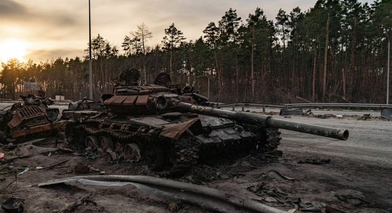 A destroyed Russian tank along the side of the road in Ukraine.Nicola Marfisi/AGF/Universal Images Group via Getty Images