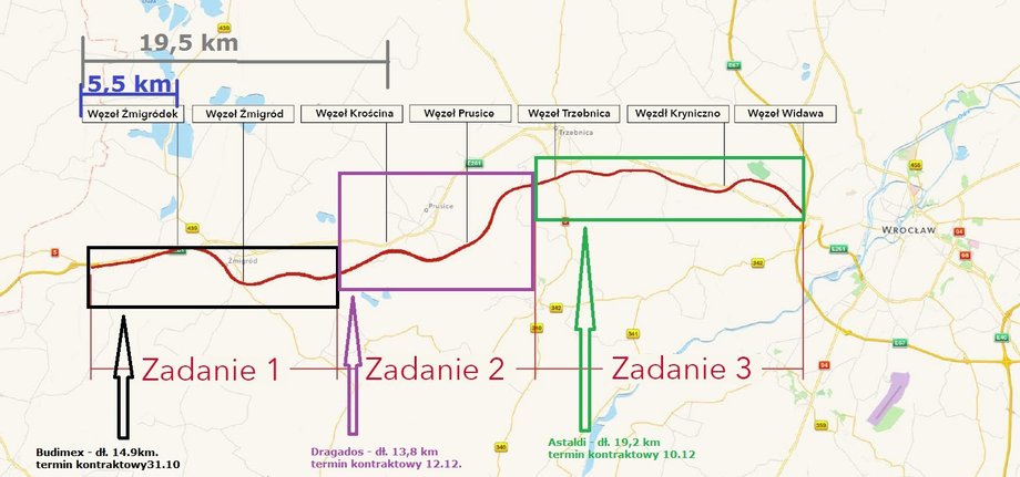 Przebieg odcinka S5 na Dolnym Śląsku