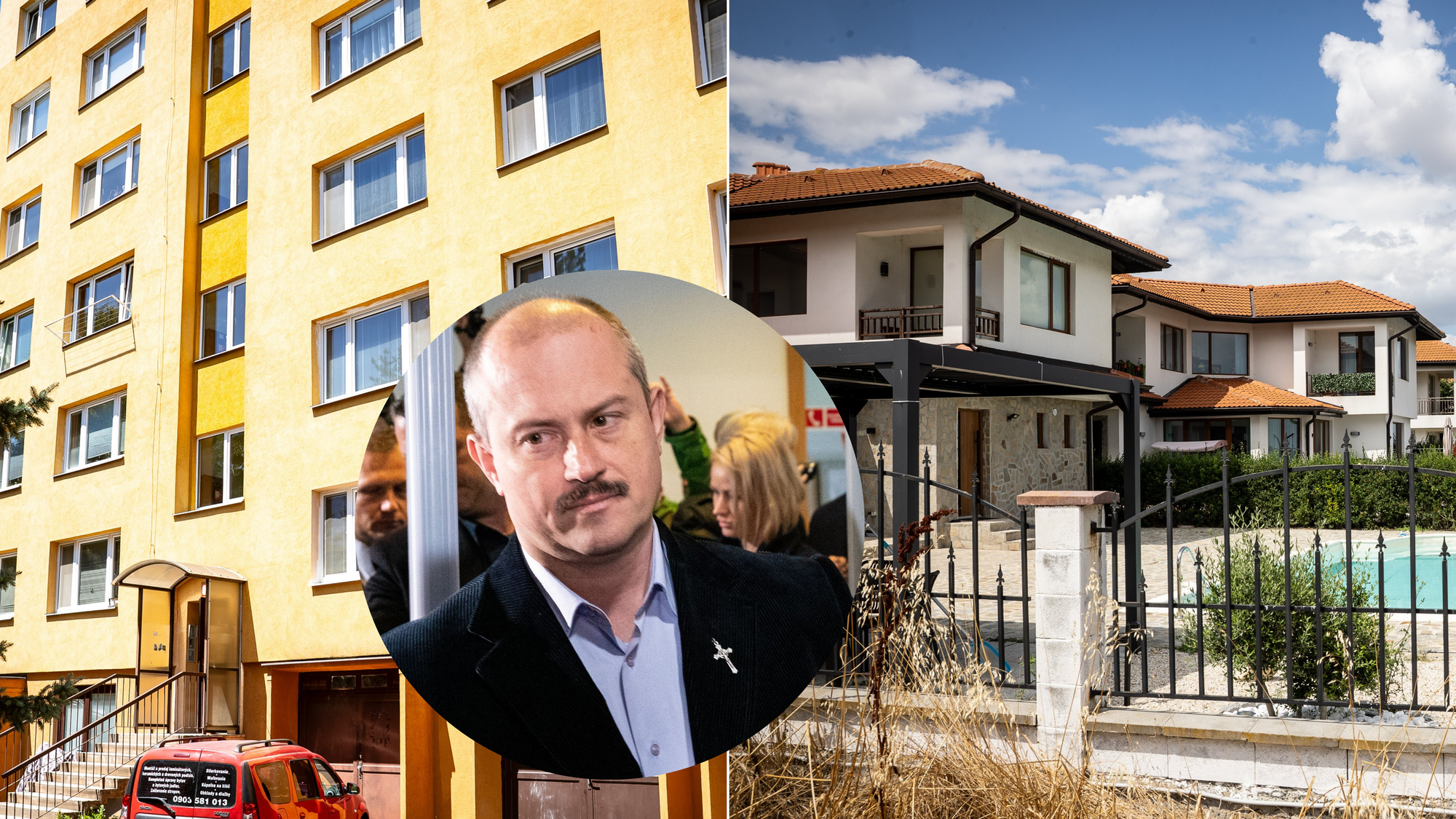 Panelák v Banskej Štiavnici, v ktorom si Marian Kotleba kúpil byt a luxusný komplex neďaleko prímorského letoviska Pomorie, v ktorom má vilu.