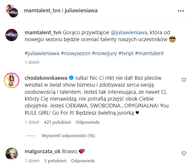 Małgorzata Ostrowska-Królikowska reaguje na wpis Julii Wieniawy
