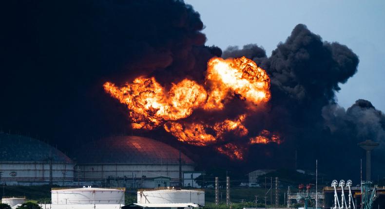 View of the massive fire at a fuel depot, sparked overnight by a lightning strike, in Matanzas, in western Cuba, taken on August 6, 2022.