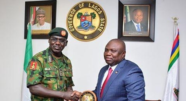 Lagos State Governor, Akinwunmi Ambode meets with Chief of Army Staff, Lieutenant General Tukur Buratai  on May 25, 2016