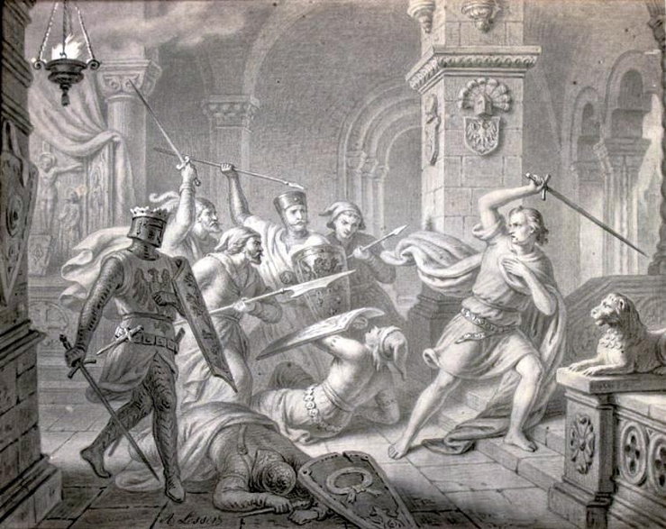 Przemysł II napadnięty i zamordowany w Rogoźnie przez margrabiów brandenburskich (obraz Aleksandra Lessera z 1862 roku)