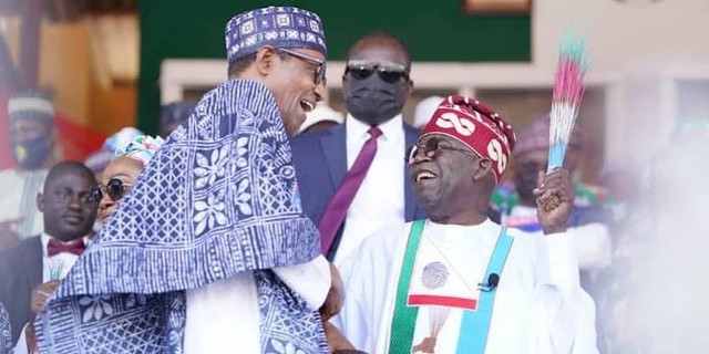 President Muhammadu Buhari and the Presidential candidate of the APC, Bola Ahmed Tinubu. (Thisday)