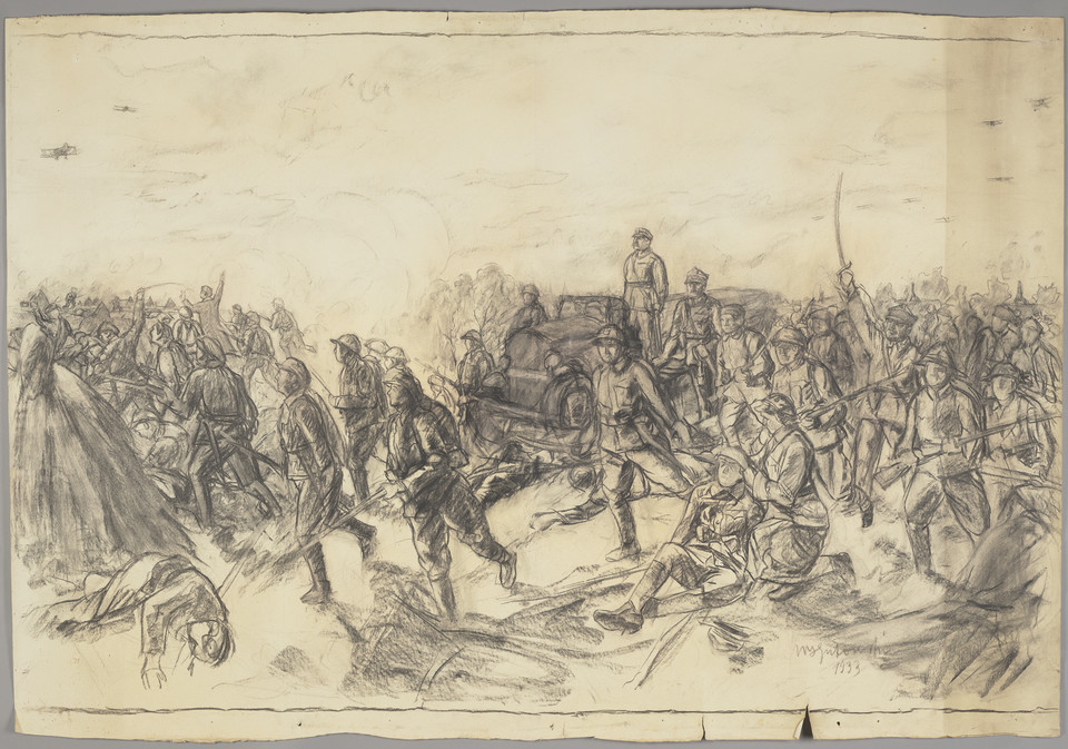 Wiktor Gutowski - "Józef Piłsudski wśród żołnierzy na polu bitwy" (szkic do obrazu, 1933)