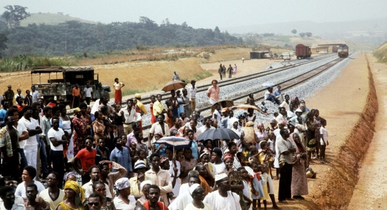 A file picture of the January 18, 1983 inauguration of part of Trans-Gabon Railway