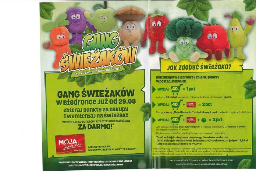 Gang świeżaków akcja promocyjna w Biedronce zbieraj punkty i wymieniaj na  pluszaki