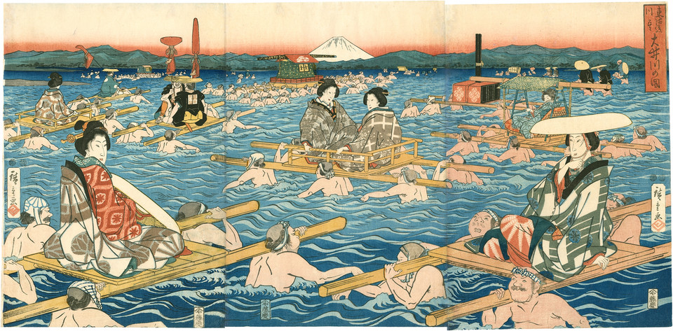 Utagawa Hiroshige, "Rzeki na drodze Tōkaidō: widok rzeki Ōi", ok. 1849–1852
