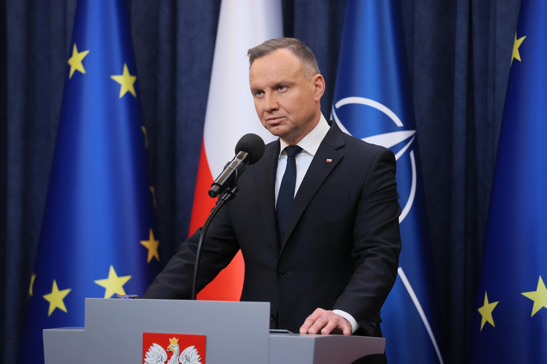 Prezydent Andrzej Duda podczas konferencji prasowej w Pałacu Prezydenckim w Warszawie, 8 stycznia 2024 r.