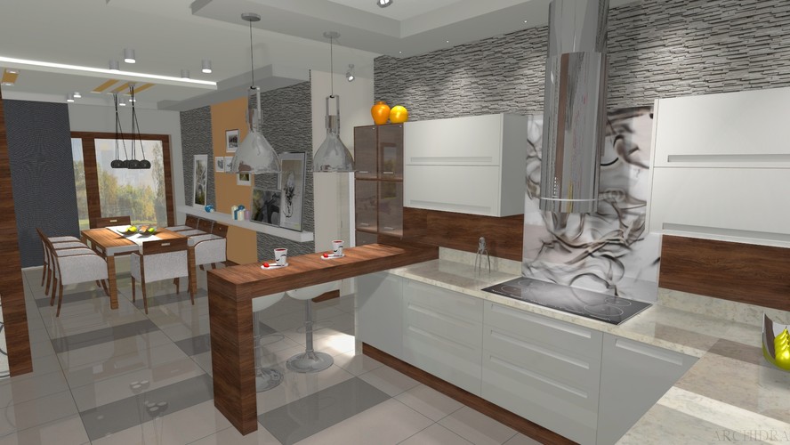 Gdyby była potrzeba bardzo dużej ilości szafek, można by się pokusić o zrobienie szafek dolnych zamiast barku, ale trzeba pamiętać, że w takim wypadku pomieszczenie traci na lekkości.