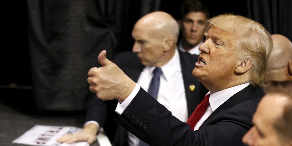 U.S. Republican presidential candidate Donald Trump greets supporters during a rally in Wilkes-Barre, Pennsylvania