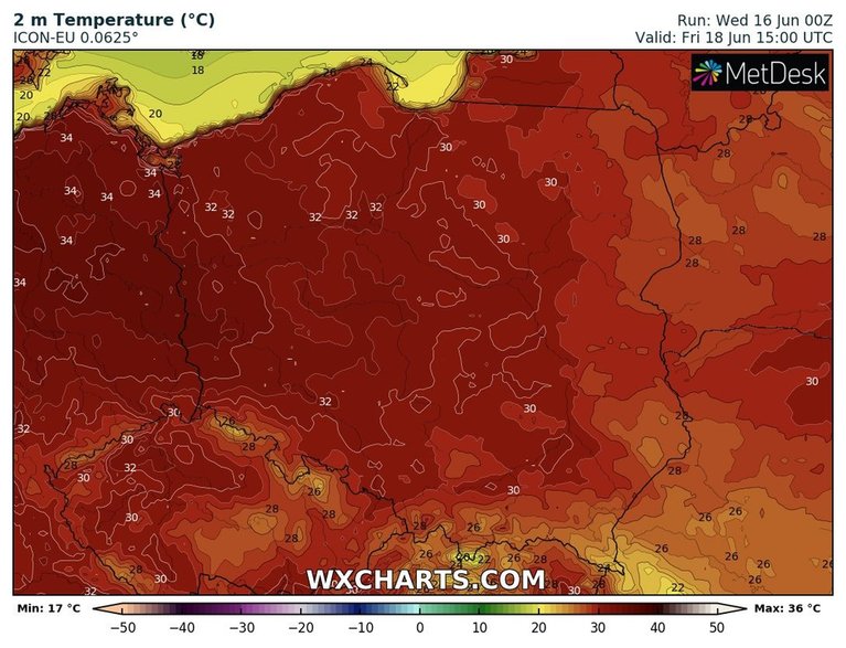 Prognozowana temperatura w piątek po południu