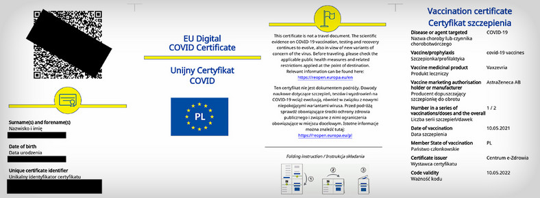 Przykładowy Certyfikat COVID pobrany w formie PDF z Internetowego Konta Pacjenta