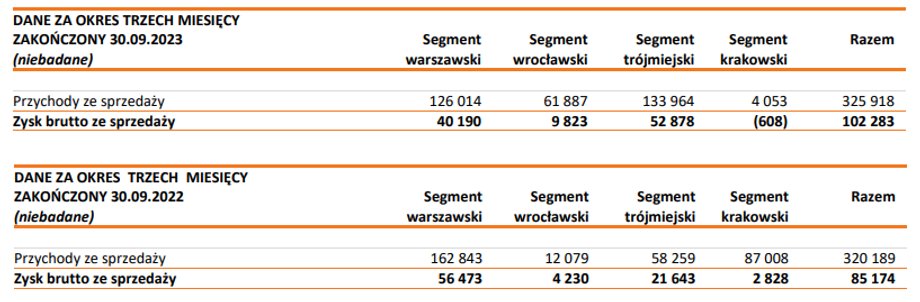 Wyniki Dom Development wg segmentów