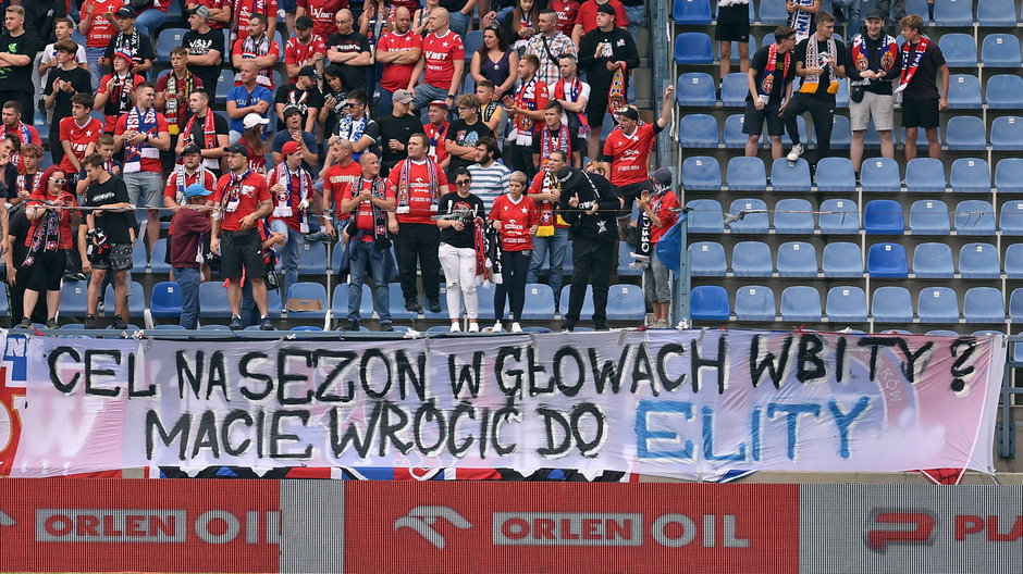 Kibice Wisły Kraków na meczu I ligi z Sandecją.