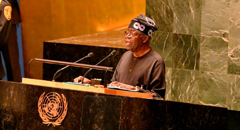 President Tinubu delivering his first presentastion at UNGA [Twitter/@TheML007]