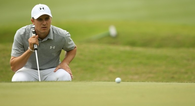 Jordan Spieth lines up a putt on the 6th hole of his match during round one of the World Golf Championships-Dell Technologies Match Play at the Austin Country Club on March 22, 2017