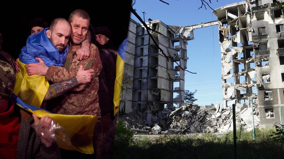 Po lewej uwolnienie ukraińscy cywile i żołnierze z rosyjskiej niewoli. 3 stycznia 2024 r. Po prawej jeden ze zniszczonych budynków w Mariupolu, 22 września 2022 r.