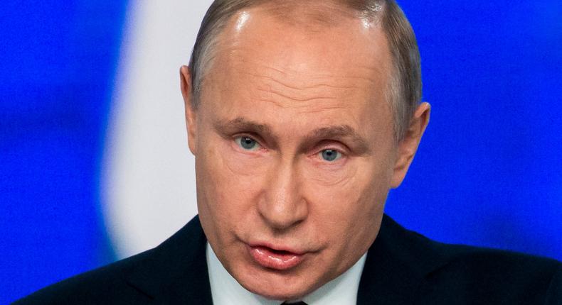 Russian President Vladimir Putin delivers a state-of-the-nation address in Moscow, Russia, Wednesday, Feb. 20, 2019. Putin sternly warned the United States against deploying new missiles in Europe, saying that Russia will retaliate by fielding new weapons that will take just as little time to reach their targets. (AP Photo/Alexander Zemlianichenko)