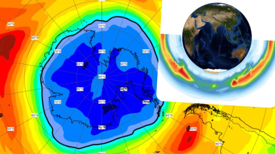 Rozmiar dziury ozonowej. Na biegunie południowym jest większa od Antarktydy