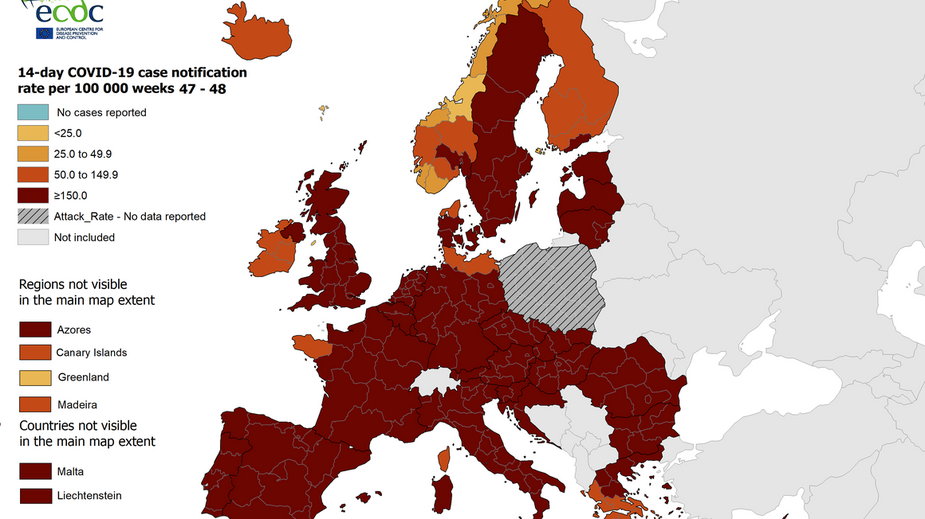 Polska – brak danych na mapie przygotowanej przez Europejskie Centrum ds. Zapobiegania i Kontroli Chorób