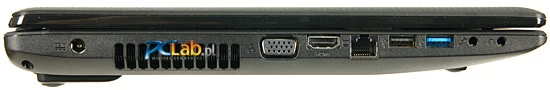 Lewa strona: złącze zasilacza, wyjścia VGA, HDMI, port USB 2.0, port USB 3.0, gniazda audio