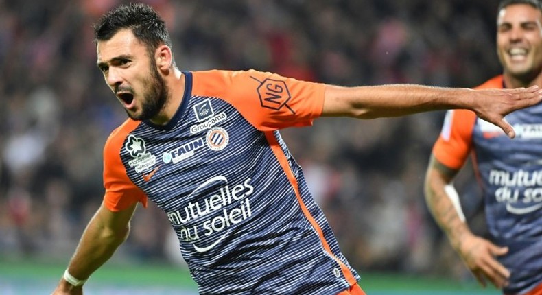 Montpellier's French forward Gaetan Laborde reacts after scoring against Marseille on Sunday