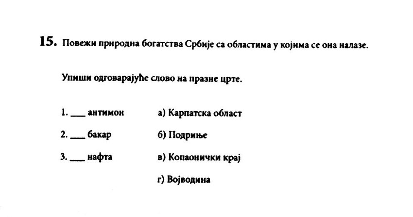 U 15. pitanju koje je unelo zabunu među maturante, pa i same nastavnike, od đaka se tražilo da povežu prirodna bogatstva Srbije sa oblastima u kojima se nalaze. Za rudu antimon kao tačno rešenje navedeno je samo Podrinje, iako u udžbeniku iz geografije za osmi razred jasno piše da rudišta antimona ima i na Kopaoniku.