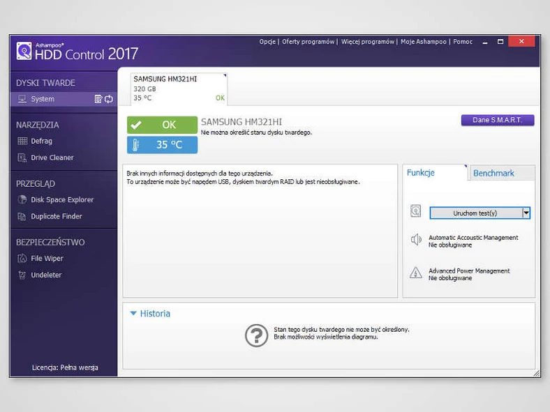 Główne okno programu do diagnostyki dysku twardego - Ashampoo HDD Control 2017